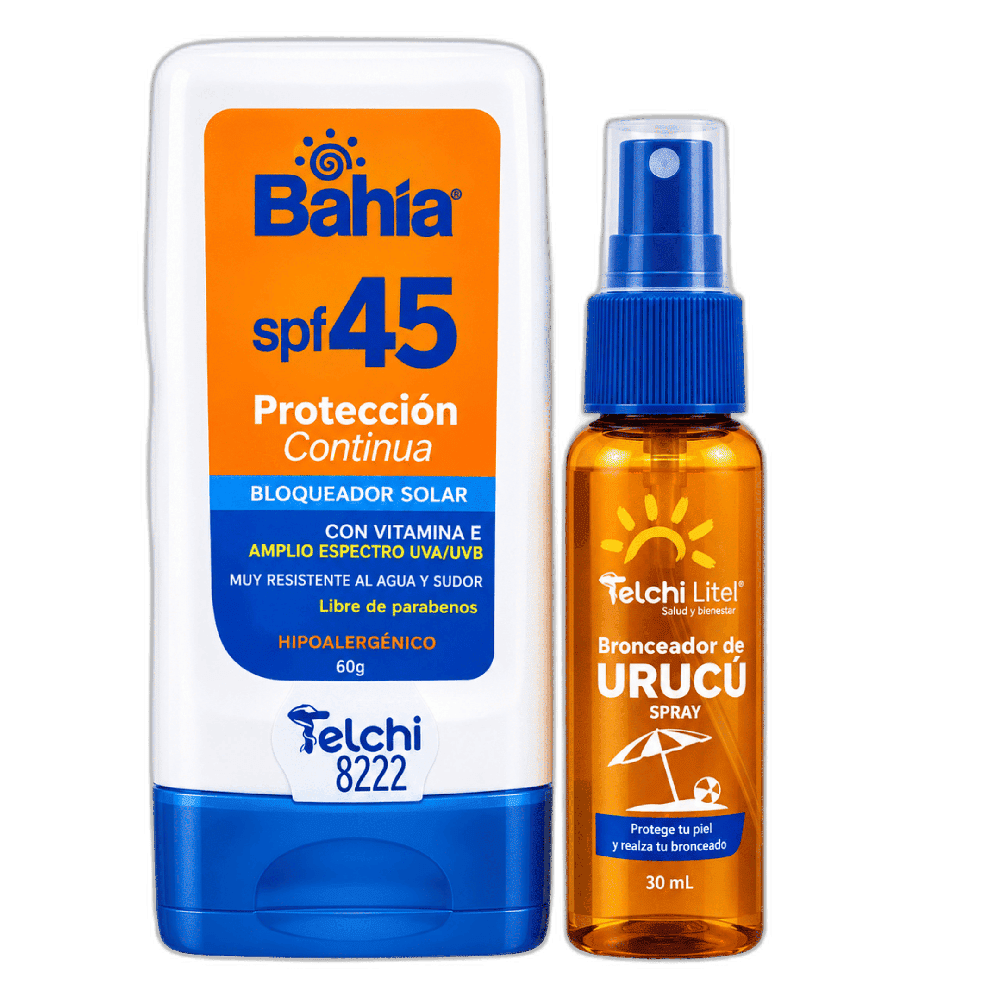 KIT FERIAL (1 Bloqueador Solar Bahía SPF 45 x60g + 1 Bronceador de Urucú Spray x30ml)